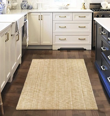 Modern 3x5 Ft Tan/Cream Cotton Woven Washable Kitchen Rug, Rectangular Runner - Image 1 of 4