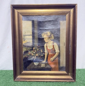 Vintage Oil On Canvas Painting Of a Lady Looking Through The Window-21.5”x 17.5” - Picture 1 of 22