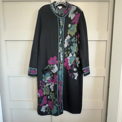 J.Jill Floral Knit Sweater Duster Coat Women’s Size Medium Petite Black Pink - Image 1 of 4