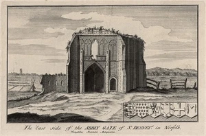 The East Side Of The Abbey Gate St Benet’s Norfolk - antike Gravur um 1724 - Bild 1 von 4