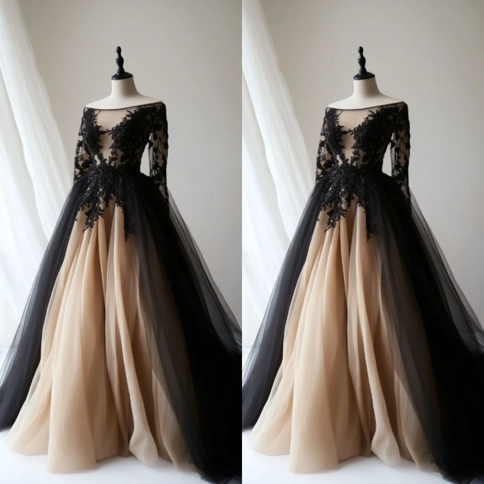 Gothic Champagne and Black Wedding Dresses Boat Neck Lace Applique Bridal Gowns - Image 1 of 4