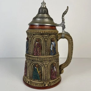 Vintage German Beer Stein 11”H Ceramic Pewter Lid Religious Relief Scene Germany - Picture 1 of 17