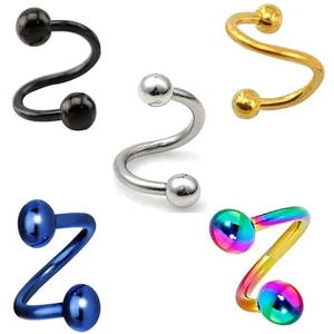 PAIR 16G TITANIUM BALL SURGICAL STEEL SPIRAL BELLY RING TWIST EAR LIP BARBELL - Picture 1 of 6