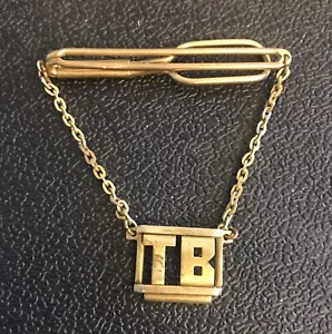 Vintage Tie Pin - Gold Filled " T B" Initials - Bar w/Chain - Picture 1 of 4