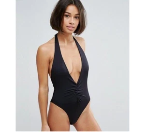 RUCHED PLUNGE HIGH LEG HALTERNECK SWIMSUIT SIZE UK 10 EU 38 B15 - Picture 1 of 5