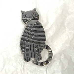 Vintage Sterling Silver 925 Striped Cat Pin Modernist Kitty 2.75" 21.7g - Picture 1 of 13