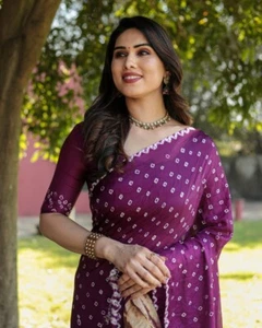 Elegant Purple Woven Pure Bandhej Silk Saree With Blouse Piece For Women, Sari - Picture 1 of 15