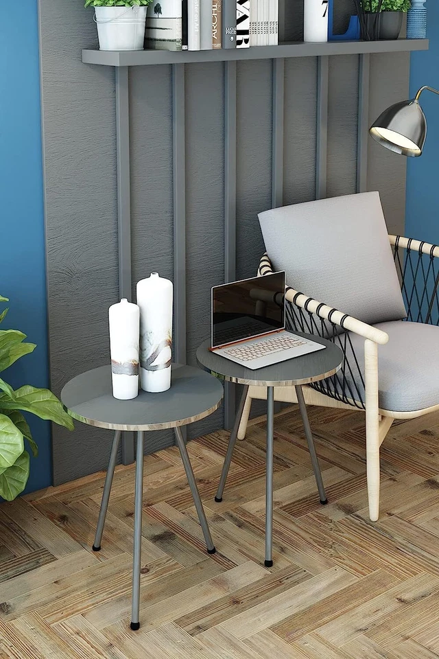 Set of 2 END Tables Marble Look Wood Round Sofa Side Table for Small Spaces - Image 1 of 4