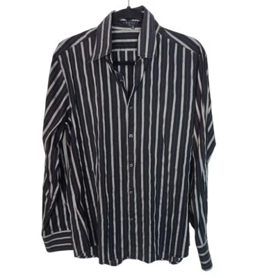 Camisa de vestir Theory para hombre M negra plateada a rayas mangas largas abotonada algodón Foto 1 de 4