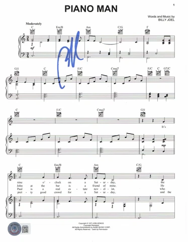 BILLY JOEL SIGNED AUTOGRAPH PIANO MAN MUSIC SHEET BECKETT BAS Cover