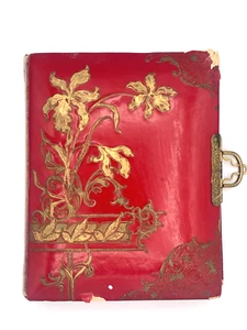 Antikes viktorianisches rotes Zelluloid Fotoalbum mit goldenem Blumenmuster & Messingverschluss - Bild 1 von 14
