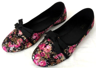 Sapatos femininos de balé preto cetim rosa floral laço floral estampa dourada - Imagem 1 de 4