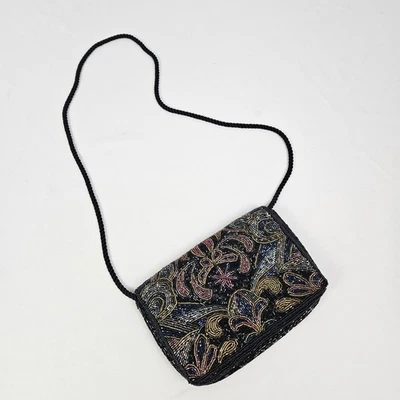 Vintage Beaded Clutch Purse Black Art Deco Style Evening Bag Lillian Vernon - Image 1 of 4