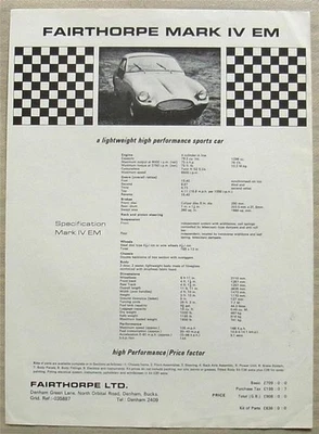 FAIRTHORPE MARK IV EM Car Sales Specification Leaflet c1968 - Image 1 of 2