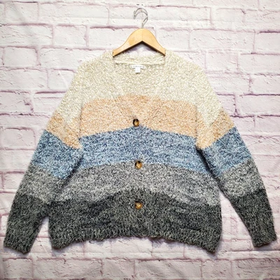 John Paul Richard Cardigan Sweater Womens Large Blue Gray Stripe Pockets Soft - Image 1 of 4