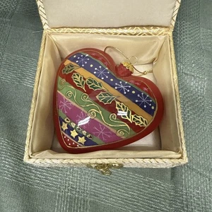 Pier 1 Li Bien Glass Ornament Heart Shaped Holly Stars Handpainted With Gift Box - Picture 1 of 6
