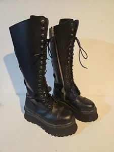 Demonia Ravage 2 schwarze kniehohe Plateaustiefel Schnürstiefel Reißverschluss Goth Größe 5 - Bild 1 von 9