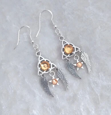 Amber 3D Diamante, Celtic Knot, Angel Wings & Star,925 Silver Hook Earrings Foto 1 de 4