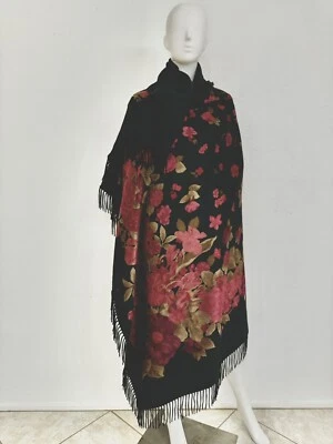 "Mantón de cachemir Loro Piana 100 % doble cara negro con floral 59"" x 60"" nuevo sin etiquetas" Foto 1 de 4