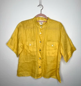 VTG Neiman Marcus 100% Linen Top Womens Medium Yellow Band Collar Boxy Made USA - Picture 1 of 6