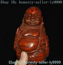 4" China Buddhism temple Bamboo root Hand carved exorcism Maitreya Buddha statue