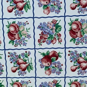New 1990s Cotton Kitchen or Table Fabric 4.3 yards Fruit Blue Frame on White - Picture 1 of 11