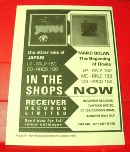Marc Bolan The Beginning Of Doves/Japan ORIG 1991 Press/Magazine ADVERT 8.5"x 6" - Imagen 1 de 3