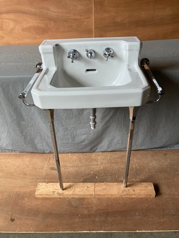 Vtg Mid Century White Bath Wall Sink Chrome legs Towel Bars Old Standard 451-23E Cover