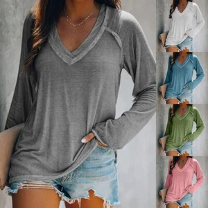 Camicia pullover massello donna collo a V casual manica lunga top comoda - Foto 1 di 18