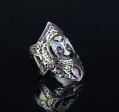 925 Silver Double Ruby Stone Eagle Archer Thumb Ring - Image 1 of 4