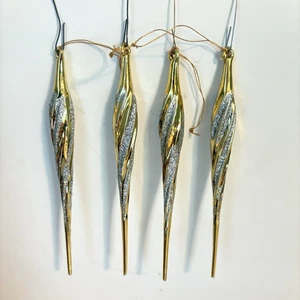 Set of 4 Vintage Gold Mercury Glass & Glitter Icicle Christmas Ornaments 5.5" - Picture 1 of 5