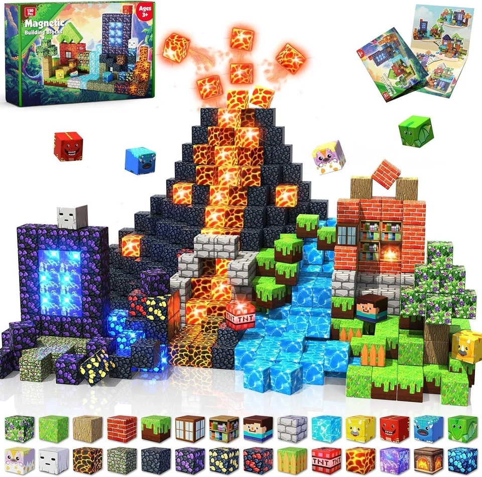 Magnetic Blocks - 150 PCS Dinosaur Volcano Forest Castle Set with Light Up Block - image 1 of 1