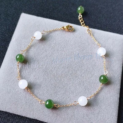 8mm Natural Green White Jade Round Gemstone Smooth Beads Station Bracelet 7.5'' - Image 1 of 4