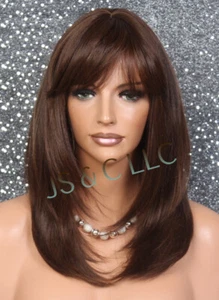 Peluca completa mezcla cabello humano en capas recta bang calor OK marrón mezcla 4/27 PL - Imagen 1 de 12