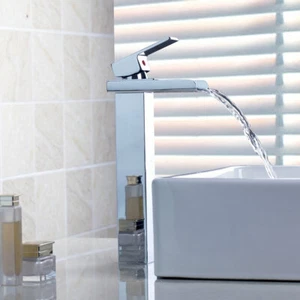 Tall Waterfall Spout Chrome Bathroom Vanity Basin Mixer Deck Mount Faucet Taps - Picture 1 of 8