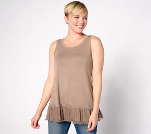 Camiseta sin mangas LOGO Layers by Lori Goldstein tejida con dobladillo con volantes de malla de puntos marrón S - Imagen 1 de 2