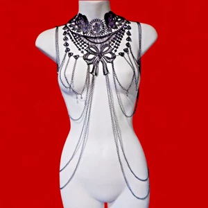BLACK ROSES LACE BODY JEWELRY necklace harness yoke collar gothic choker glam 5Z - Picture 1 of 2