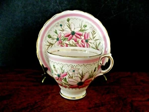 TUSCAN CUP & SAUCER~FINE ENGLISH BONE CHINA - PINK DAISIES~BLUE RAISED ENAMEL CE - Picture 1 of 5