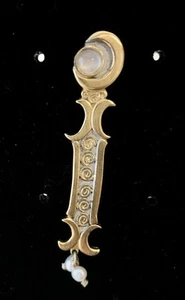 VTG Bar Brooch Gold Over 925 Double Crescent Moon Pearl And Moonstone Elegant - Picture 1 of 7