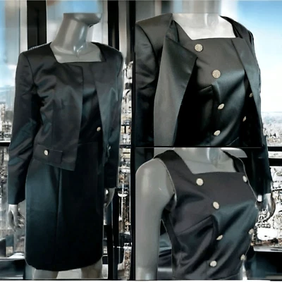 Chaqueta de Noche y Vestido Negro Satinado Traje Nitelina Estrás Botones Talla 6 Foto 1 de 4