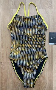 NWT NIKE 28 VIBE Girl 12 Cut Out Tank Yellow Swimsuit Stripes - Picture 1 of 5