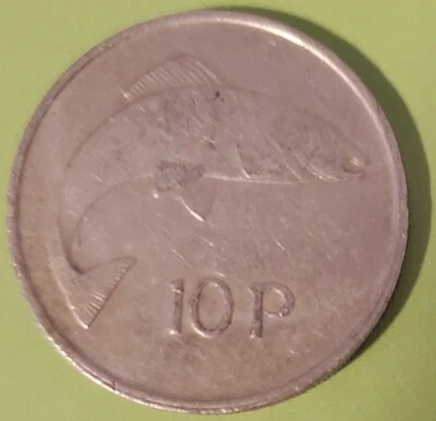 1980 Ireland 10 Pence coin; KM#23; 10p; Irish Harp; Salmon; FREE Shipping! - Image 1 of 4