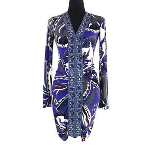 Emilio Pucci Purple Geometric Pattern Ruched Long Sleeve Dress 40 V-Neck Mini  - Picture 1 of 7