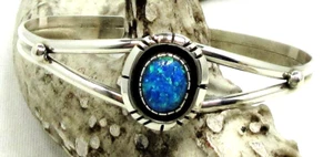 Opal Cuff Bracelet Lab Created Opal Sterling Silver Southwest Style #283 - Picture 1 of 7