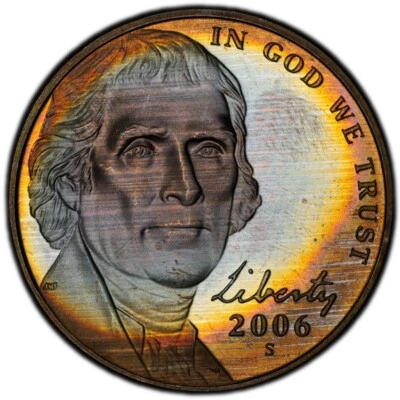 PR67DCAM 2006-S Jefferson Proof Nickel, PCGS Trueview- Rainbow Album Toned - Image 1 of 4