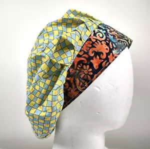 Bouffant Scrub Cap Chemo Hat Chef Handmade Cotton 23.5” to 33.5” Colorful Batik - Picture 1 of 9