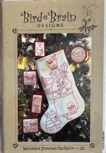 Bird Brain Designs Woodland Snowman Redwork Holiday/Christmas Stocking pattern - Picture 1 of 2