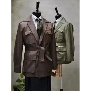 Freizeit Leinen Herren Safarijacke mit Gürtel Vintage Multi Taschen maßgeschneiderter Mantel - Bild 1 von 11