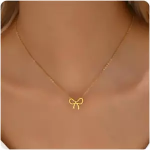 Bow Knot Pendant Necklace Elegant Unique Stainless Silver Retro Stylish Chain - Picture 1 of 7