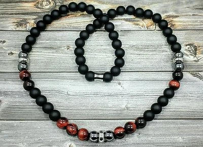24"L STAINLESS STEEL 10mm Tigers Eye+Hematite+Onyx Gemstone Beaded Mens Necklace - Image 1 of 4